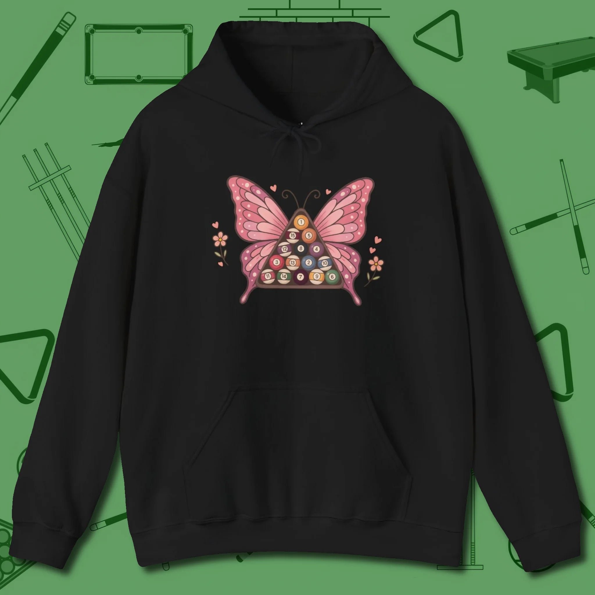 Billiards Butterfly Hoodie, front view, in Black strike fear with swagger and precision