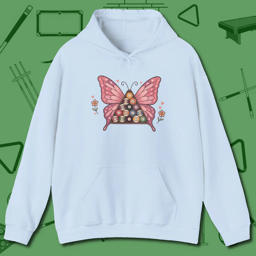 Billiards Butterfly Hoodie, front view, in Light Blue helps your stroke and your style