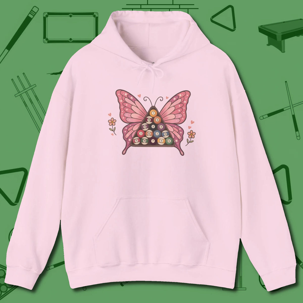 Billiards Butterfly Hoodie, front view, in Light Pink for hustlers who keep it honest