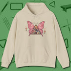 Billiards Butterfly Hoodie, front view, in Sand helps your stroke and your style