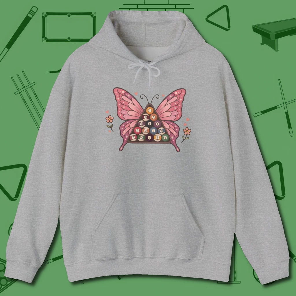 Billiards Butterfly Hoodie, front view, in Sport Grey strike fear with swagger and precision