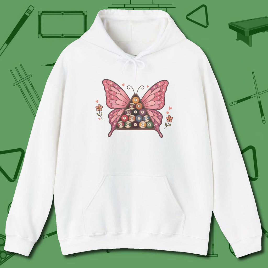 Billiards Butterfly Hoodie, front view, in White for players who live the game