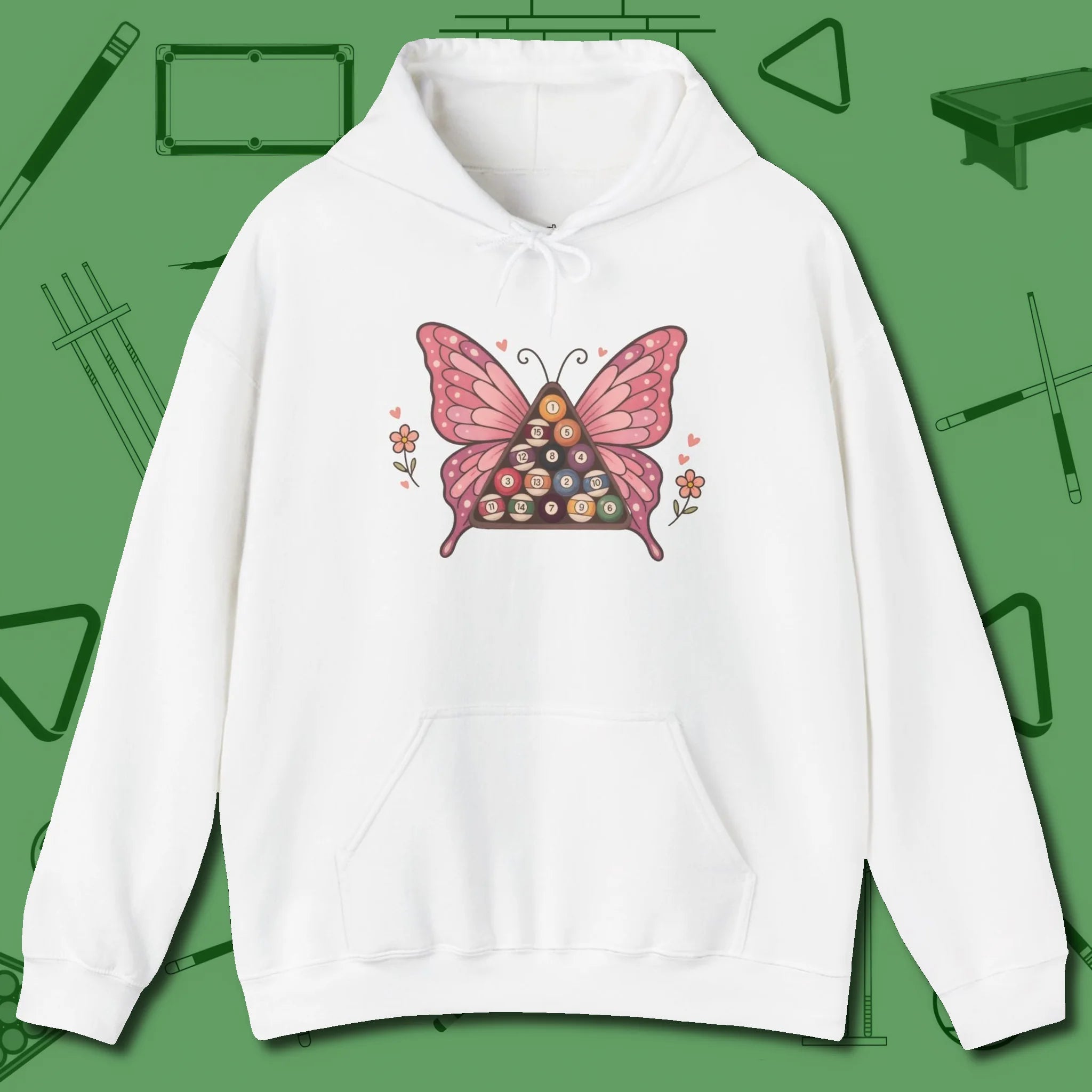 Billiards Butterfly Hoodie, front view, in White for players who live the game