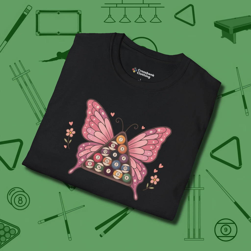 Billiards Butterfly T-Shirt, folded view, in Black style that banks as hard as you do