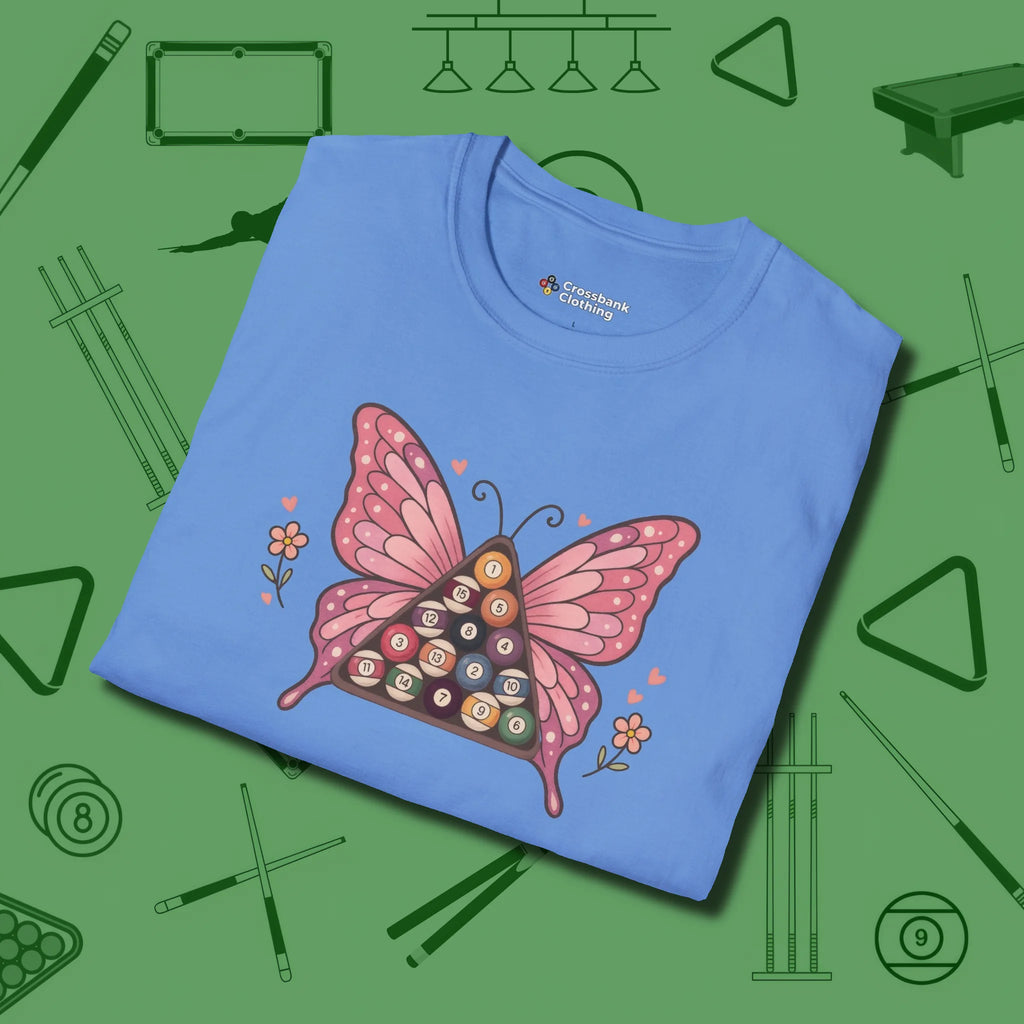 Billiards Butterfly T-Shirt, folded view, in Carolina Blue for players who live the game