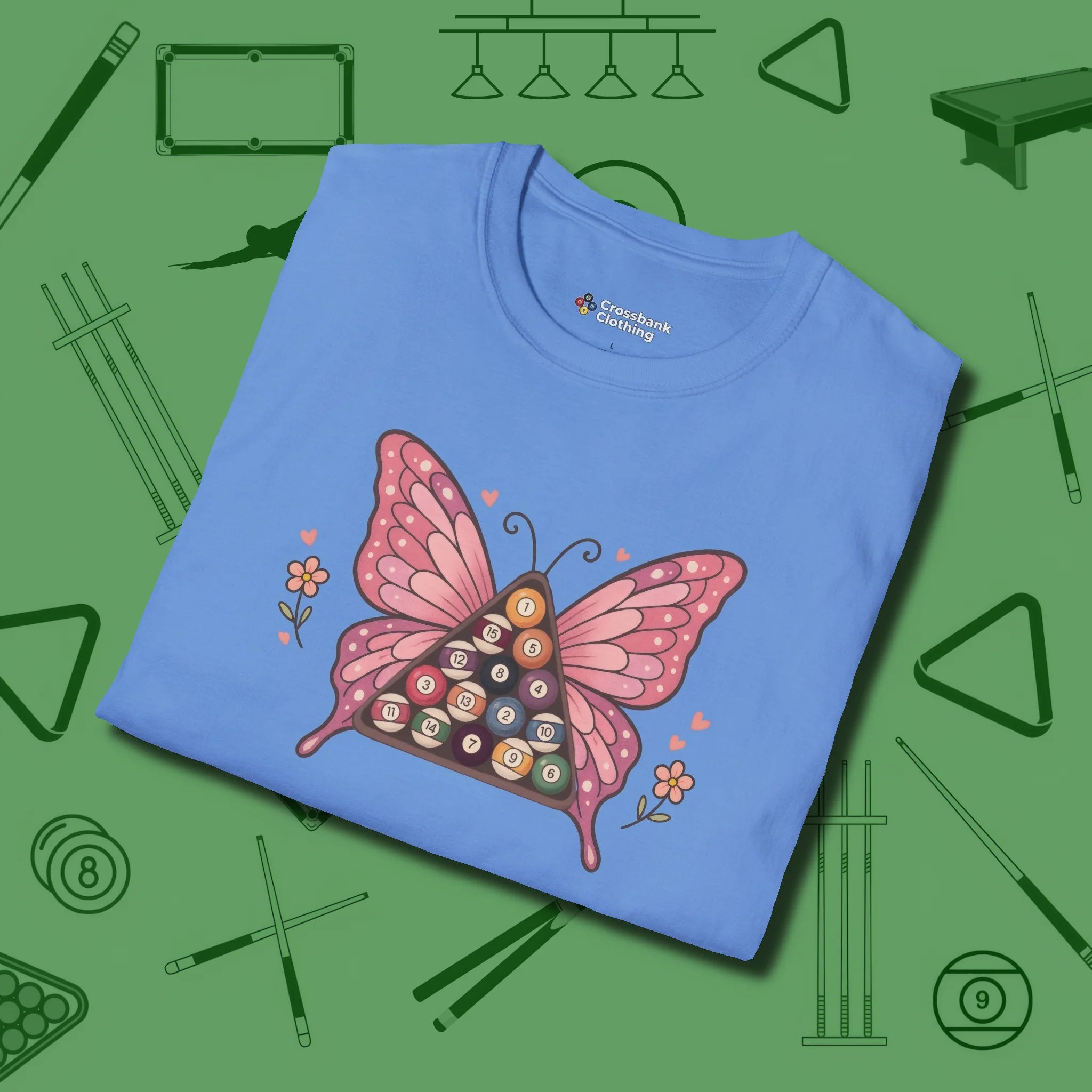 Billiards Butterfly T-Shirt, folded view, in Carolina Blue for players who live the game