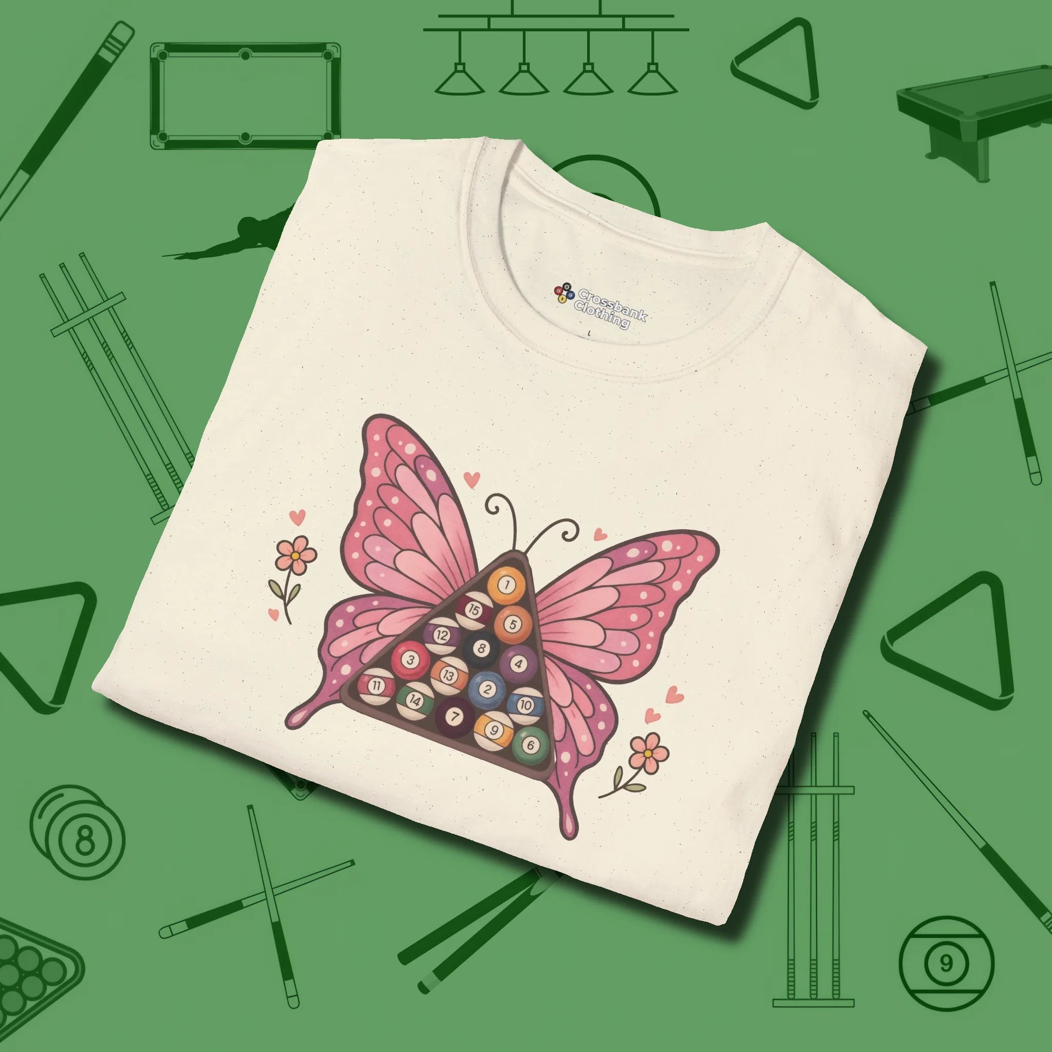 Billiards Butterfly T-Shirt, folded view, in Natural where cue control meets personal style