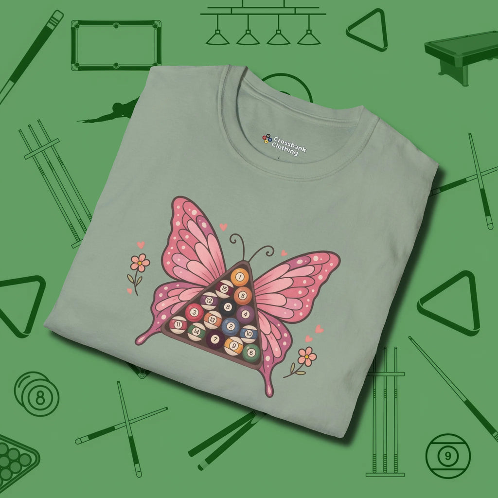 Billiards Butterfly T-Shirt, folded view, in Sage it’s not a hobby — it’s a lifestyle