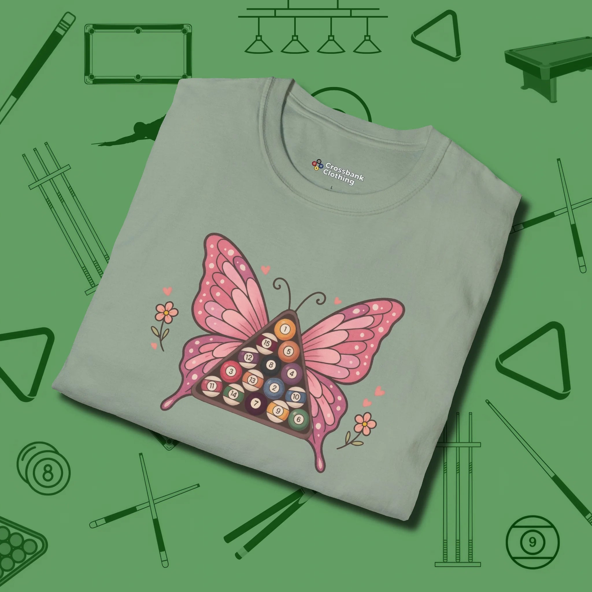 Billiards Butterfly T-Shirt, folded view, in Sage it’s not a hobby — it’s a lifestyle