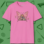 Billiards Butterfly T-Shirt, front view, in Azalea cool under pressure, hot on the eyes