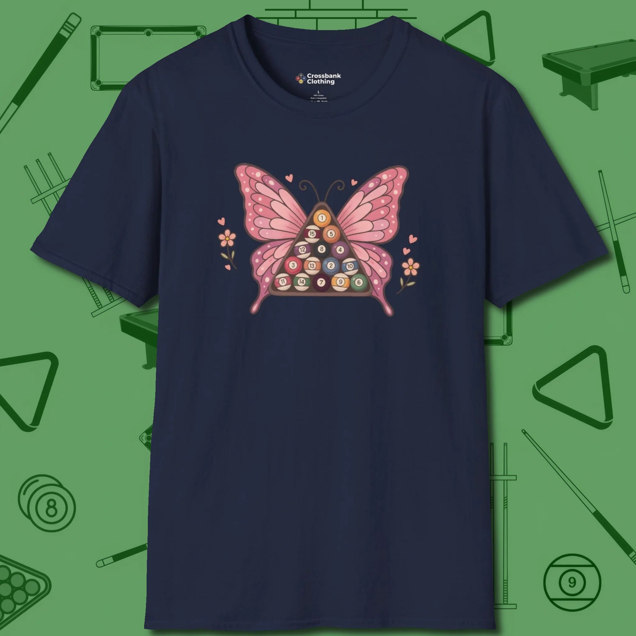 Billiards Butterfly T-Shirt, front view, in Navy make every shot — and outfit — count
