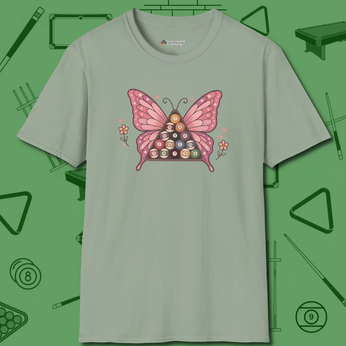 Billiards Butterfly T-Shirt, front view, in Sage where cue control meets personal style