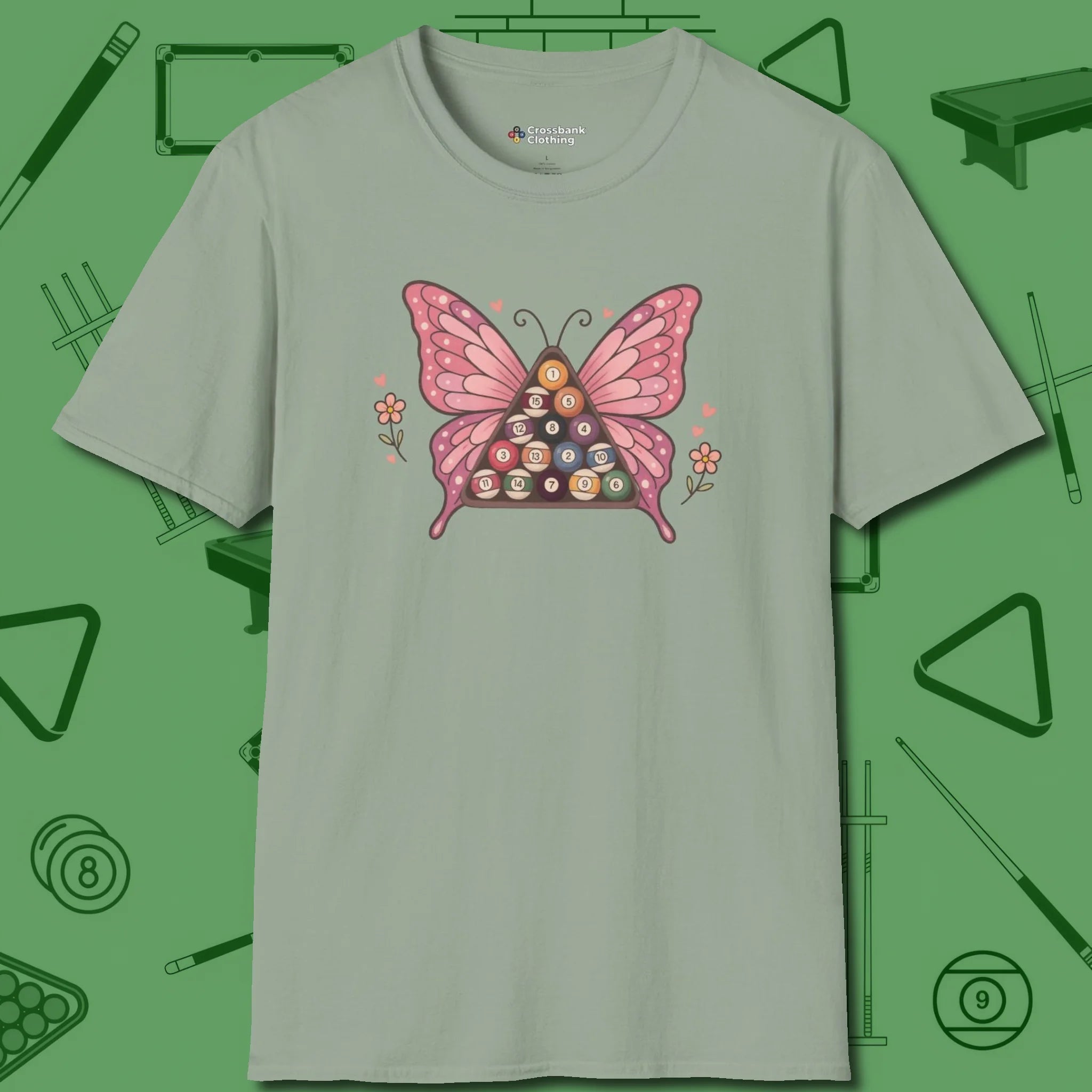 Billiards Butterfly T-Shirt, front view, in Sage where cue control meets personal style