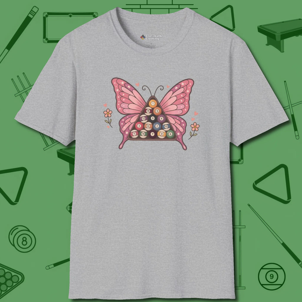 Billiards Butterfly T-Shirt, front view, in Sport Grey not your average 8-ball graphic tee