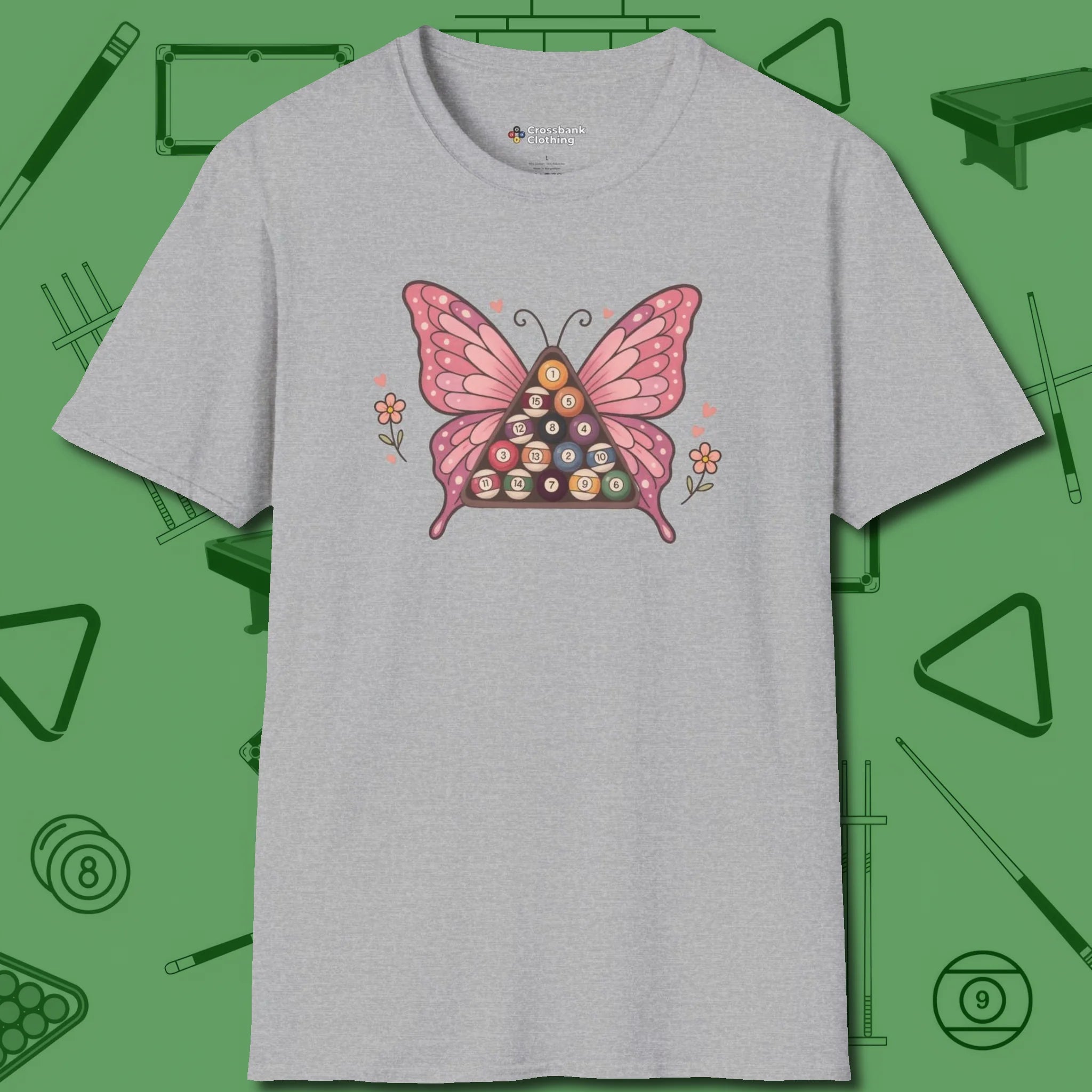 Billiards Butterfly T-Shirt, front view, in Sport Grey not your average 8-ball graphic tee