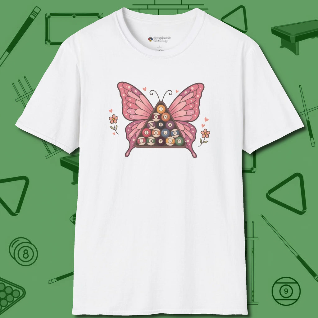 Billiards Butterfly T-Shirt, front view, in White perfect for players with quiet fire