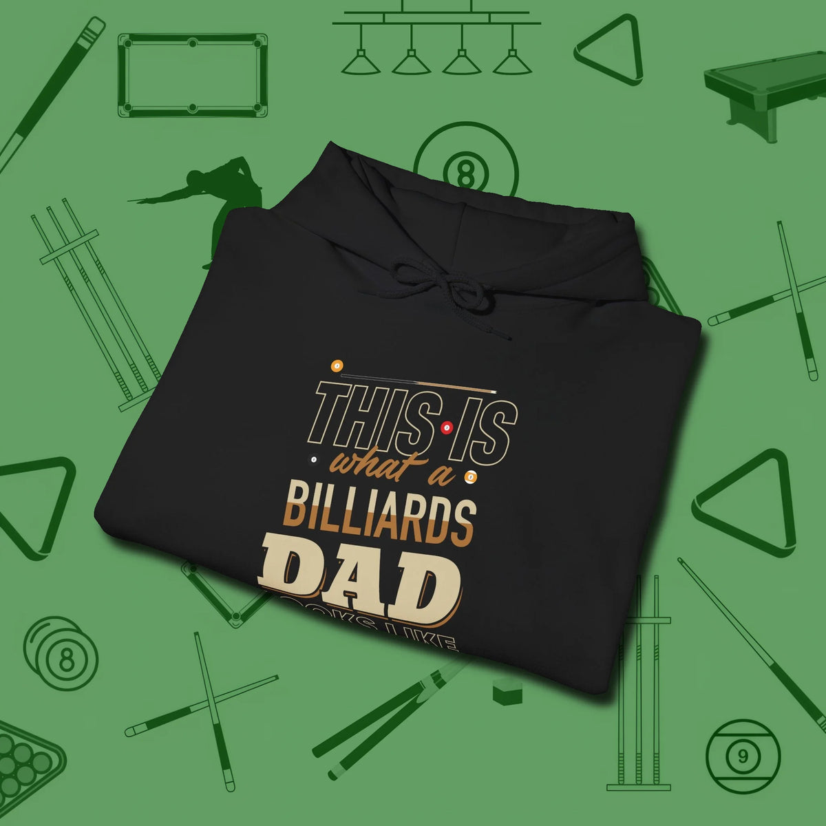 Billiards Dad Hoodie, folded view, in Black subtle drip for serious shooters