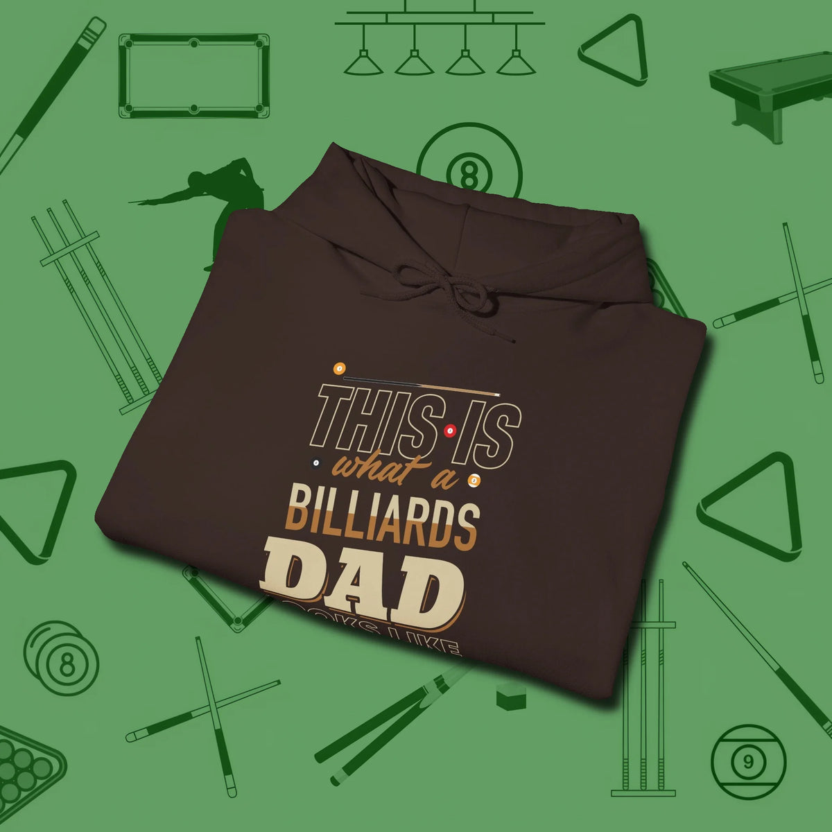 Billiards Dad Hoodie, folded view, in Dark Chocolate classic cue style, no gimmicks