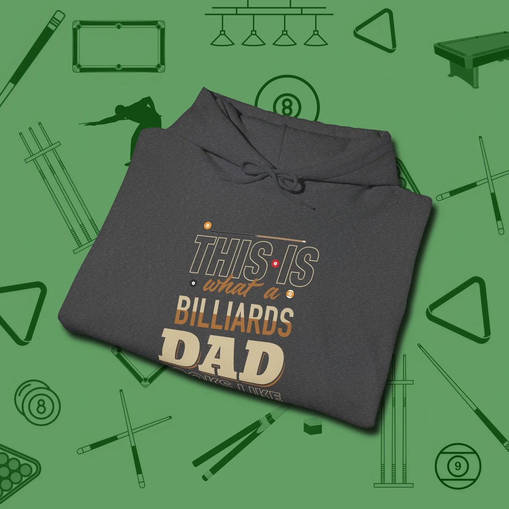 Billiards Dad Hoodie, folded view, in Dark Heather where style and cue discipline collide