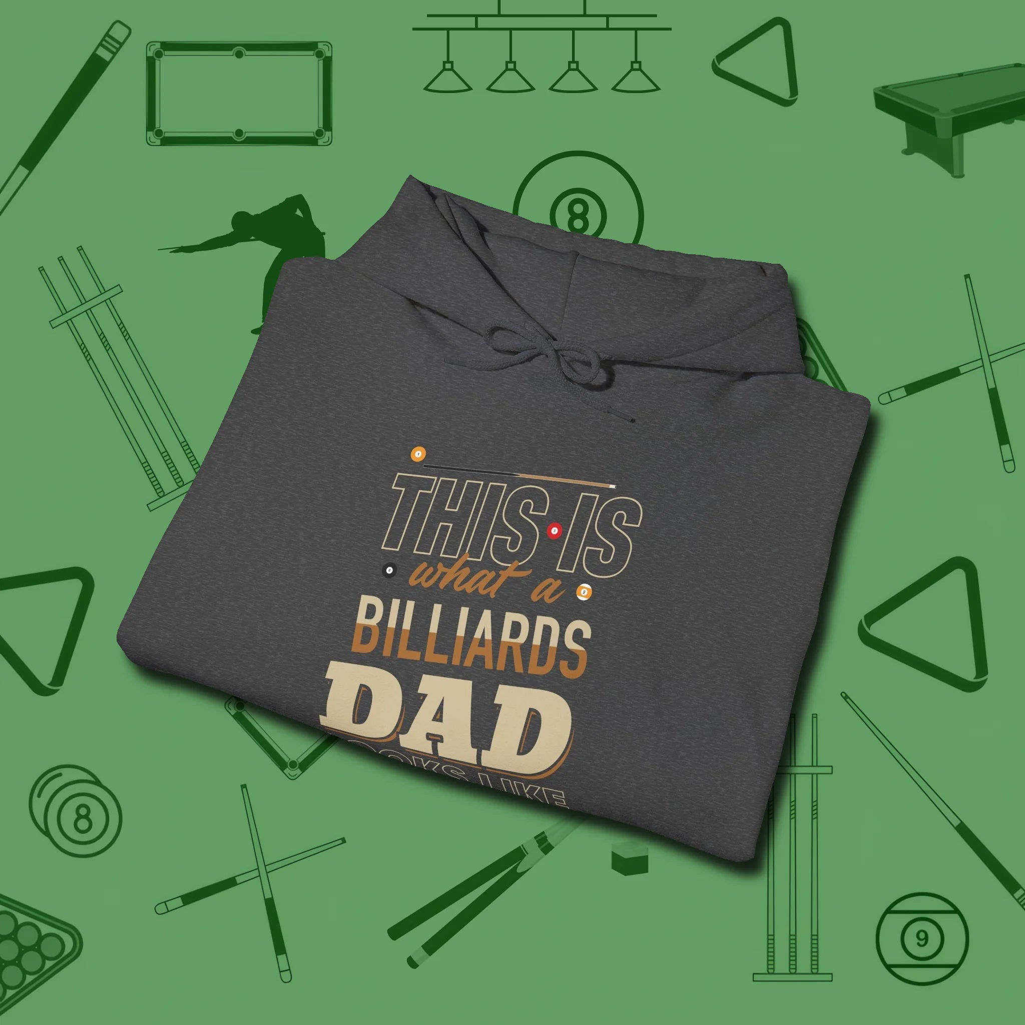 Billiards Dad Hoodie, folded view, in Dark Heather where style and cue discipline collide