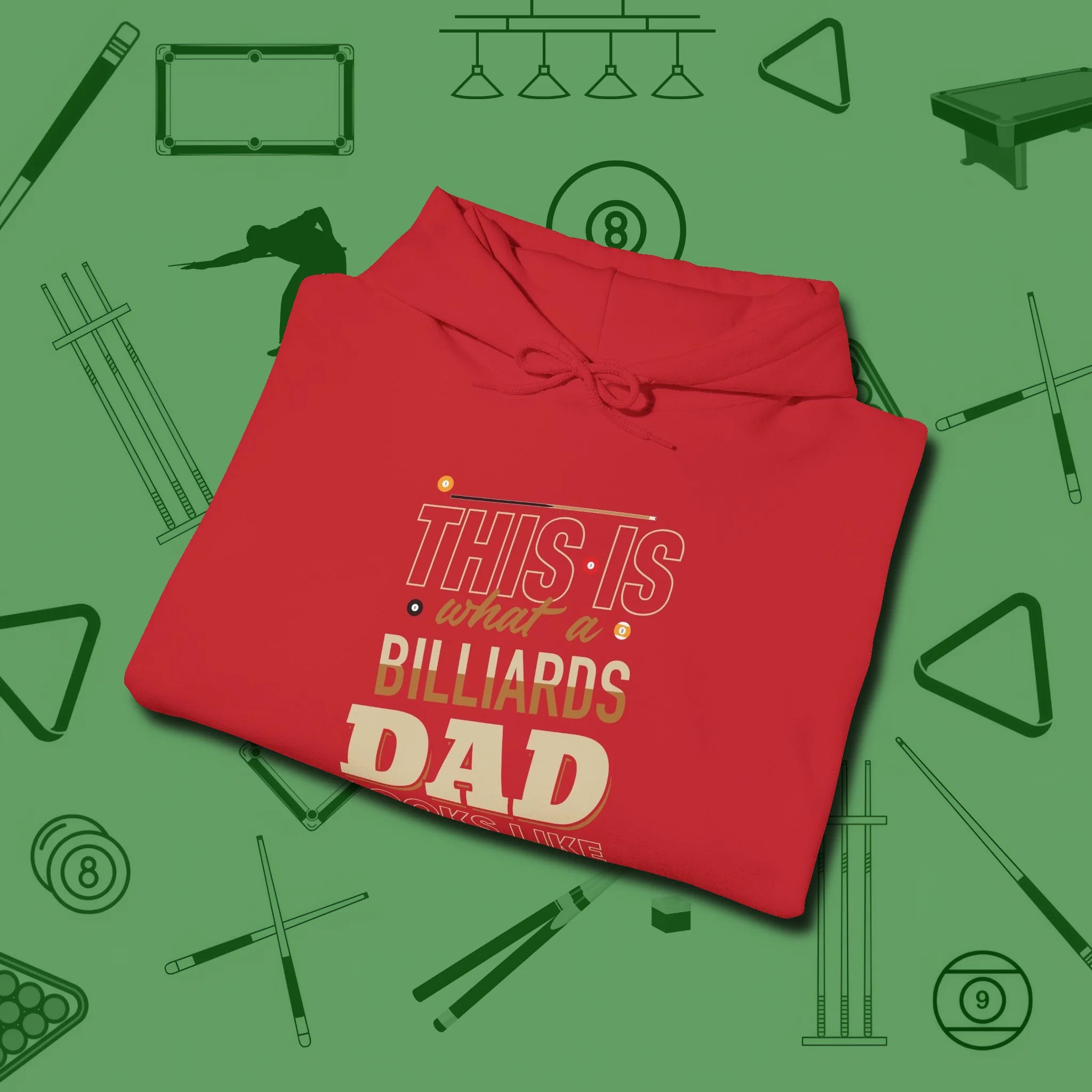 Billiards Dad Hoodie, folded view, in Red dress for the shot you want to take