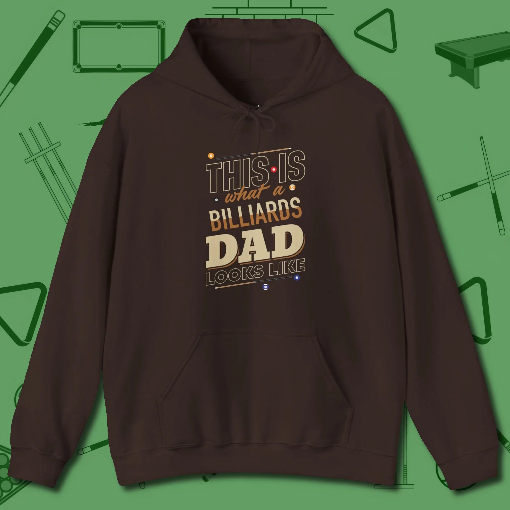 Billiards Dad Hoodie, front view, in Dark Chocolate precise, confident, always in control