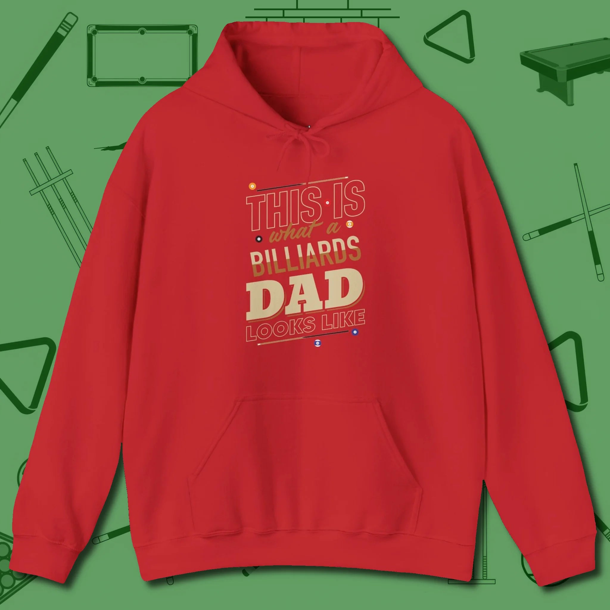 Billiards Dad Hoodie, front view, in Red for hustlers who keep it honest