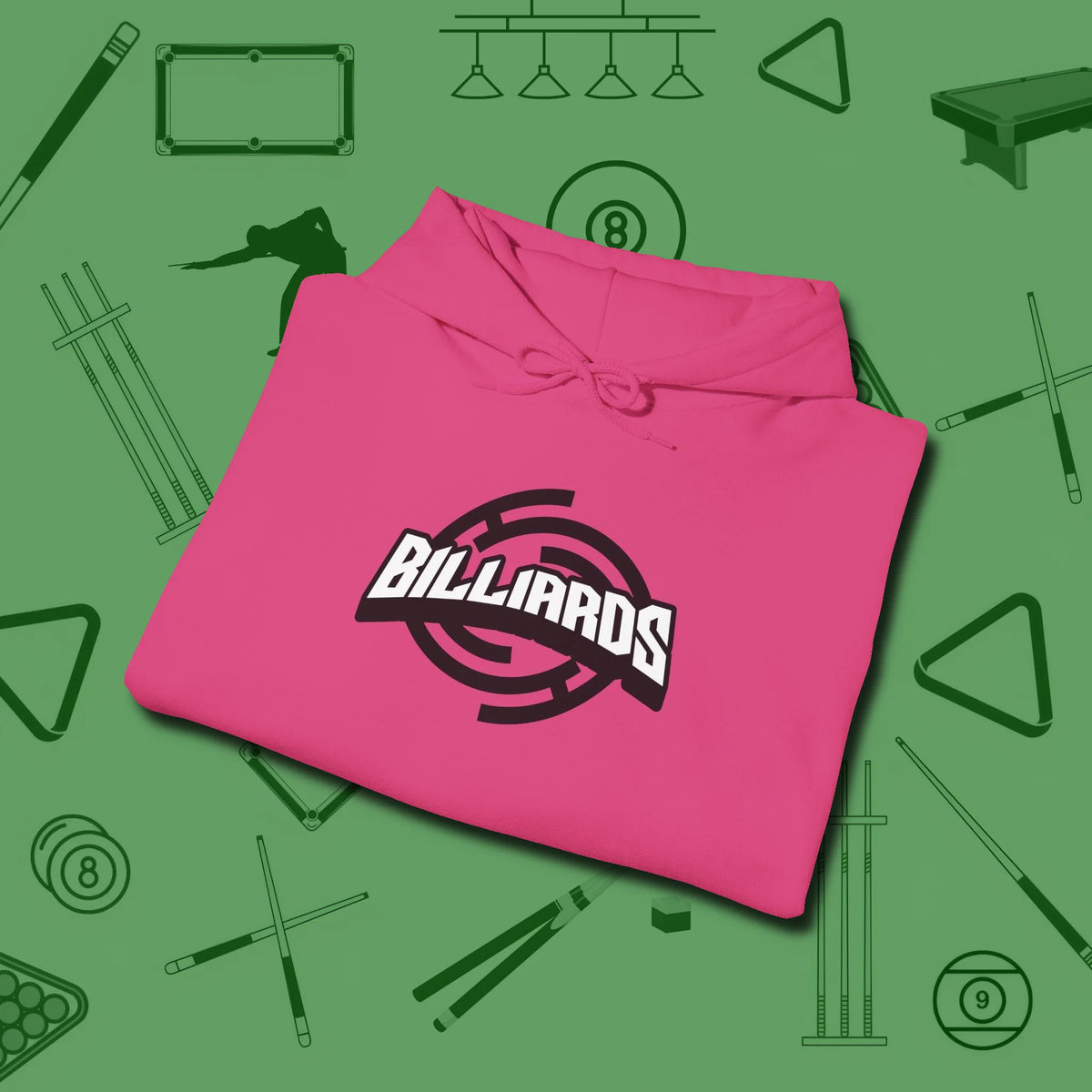 Billiards Emblem Hoodie, folded view, in Heliconia put your best game on display