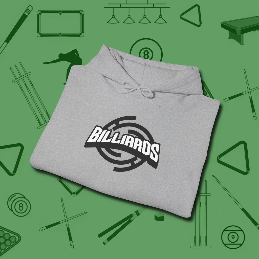 Billiards Emblem Hoodie, folded view, in Sport Grey made for pool sharks, not posers