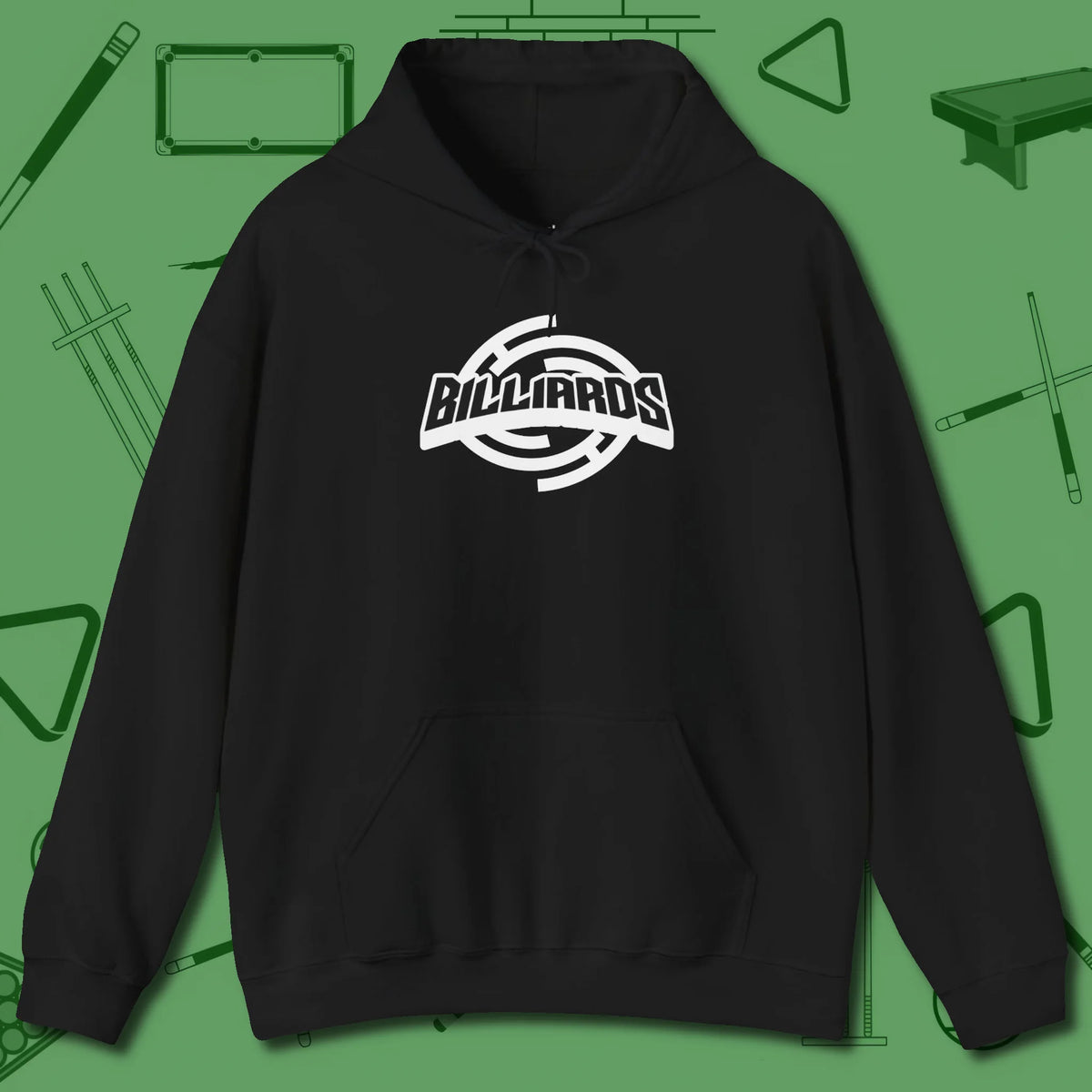 Billiards Emblem Hoodie, front view, in Black ideal for clean hits and clean fits