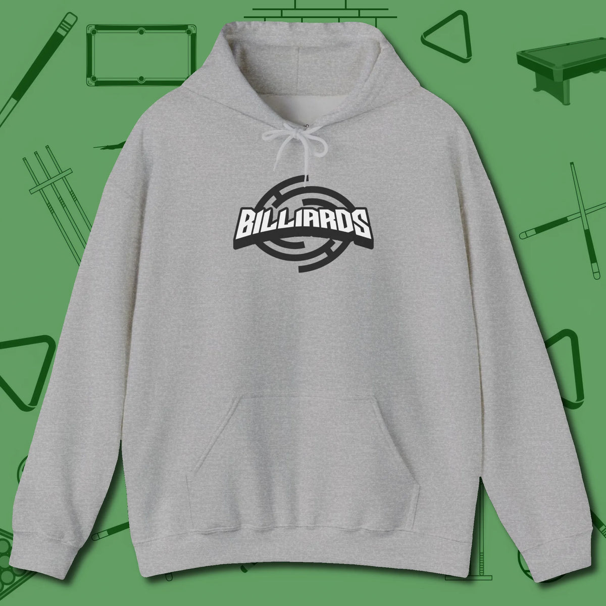 Billiards Emblem Hoodie, front view, in Sport Grey cool enough for a corner pocket finish