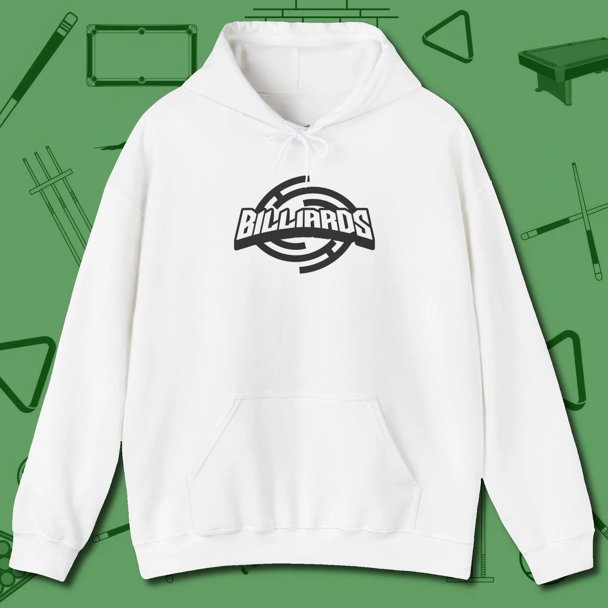 Billiards Emblem Hoodie, front view, in White style that banks as hard as you do