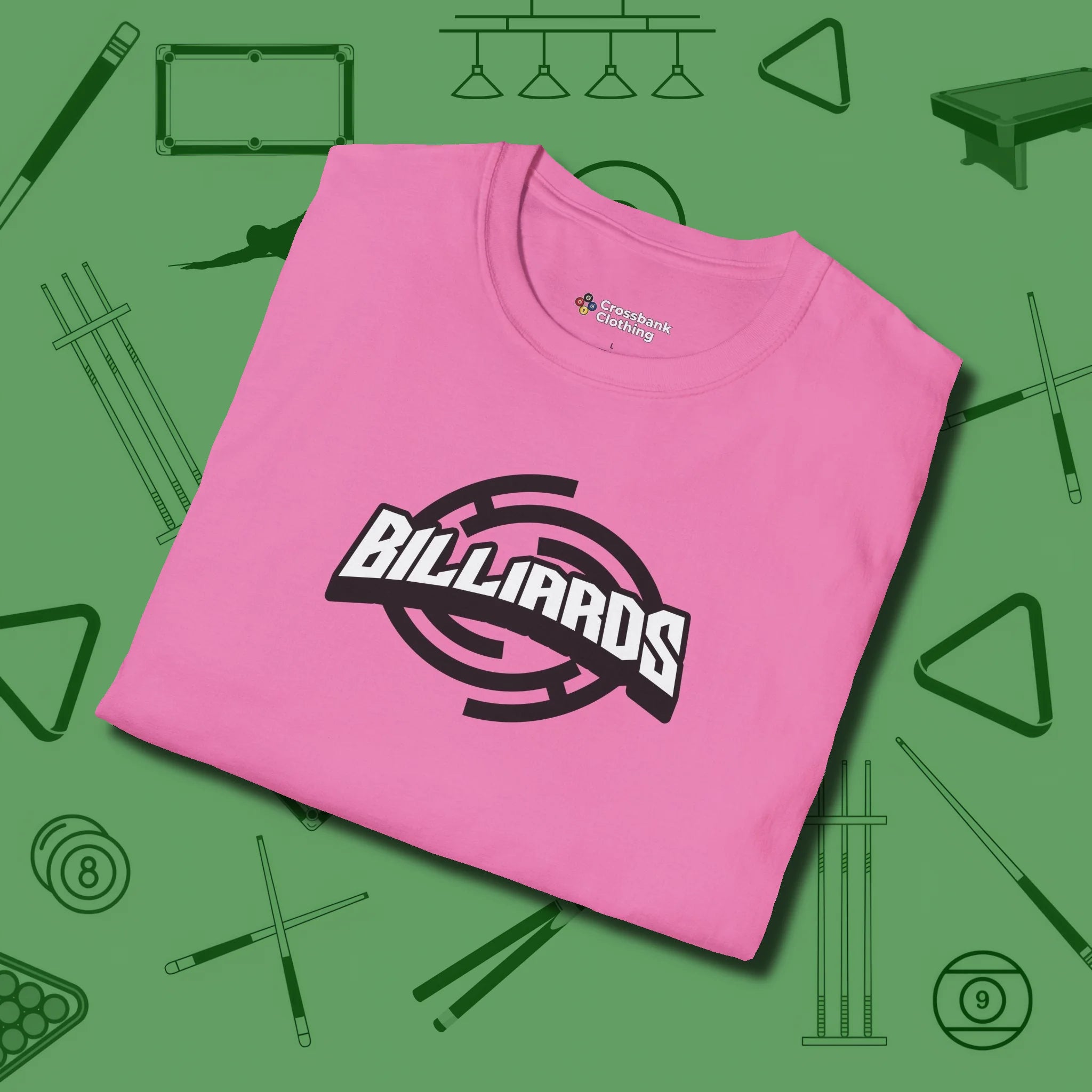 Billiards Emblem T-Shirt, folded view, in Azalea play in style, win in silence