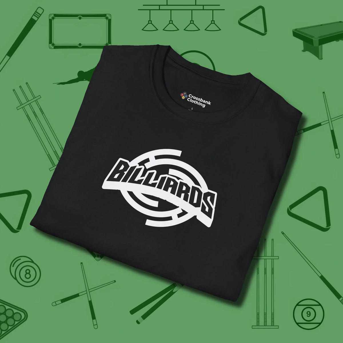 Billiards Emblem T-Shirt, folded view, in Black perfect for players with quiet fire