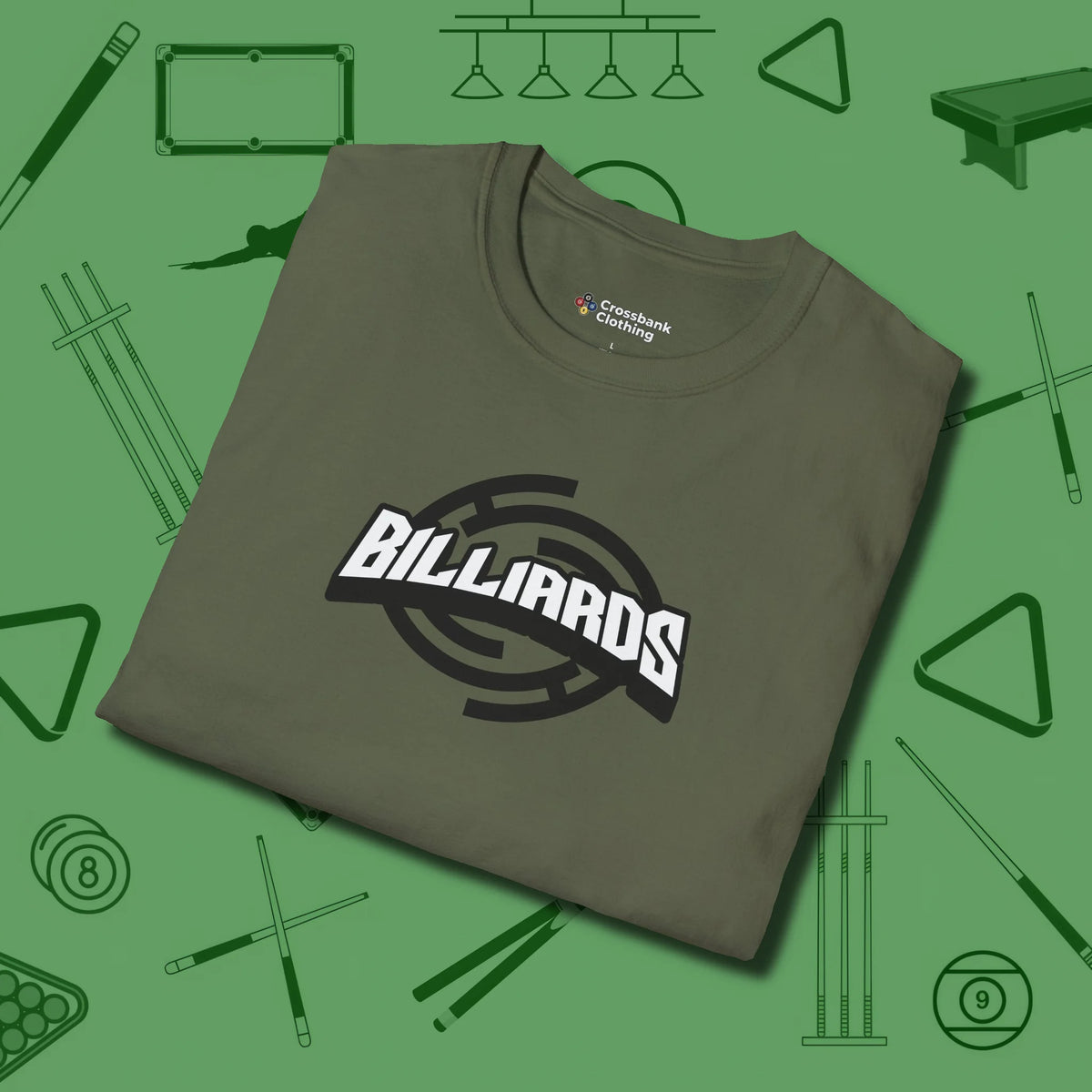 Billiards Emblem T-Shirt, folded view, in Military Green the official uniform of the after-hours crew