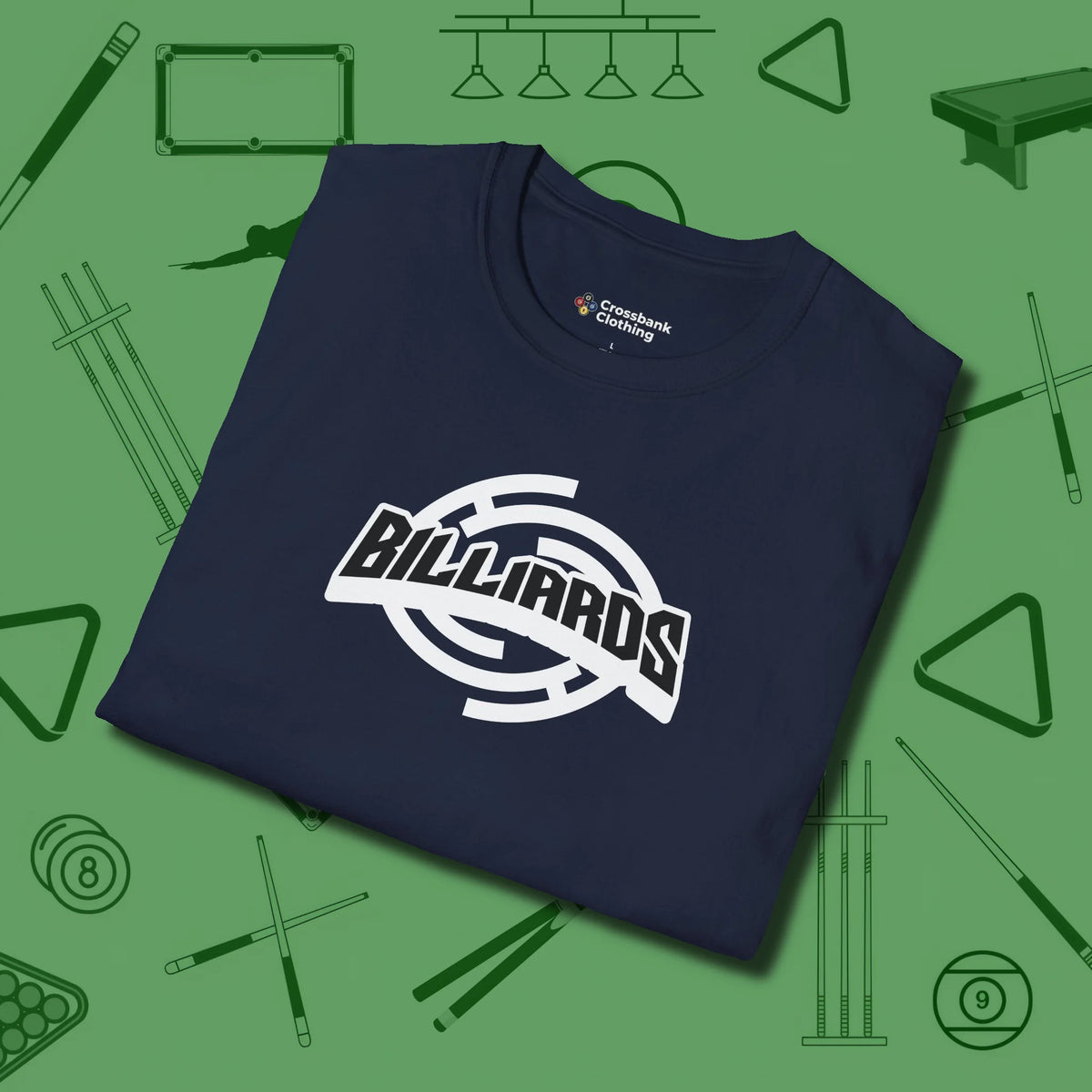 Billiards Emblem T-Shirt, folded view, in Navy the official uniform of the after-hours crew