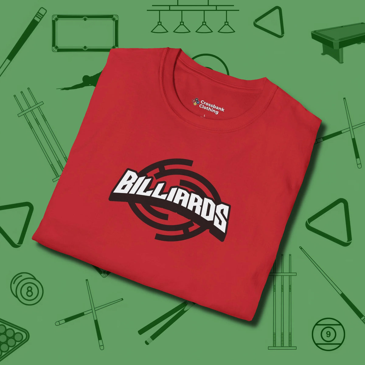 Billiards Emblem T-Shirt, folded view, in Red built for bold breaks and quiet confidence