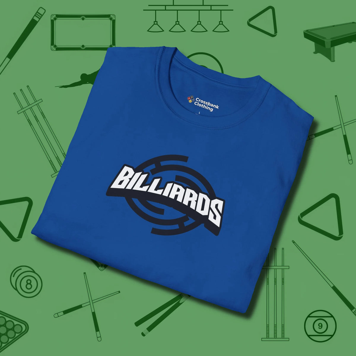 Billiards Emblem T-Shirt, folded view, in Royal fashion with break-and-run energy
