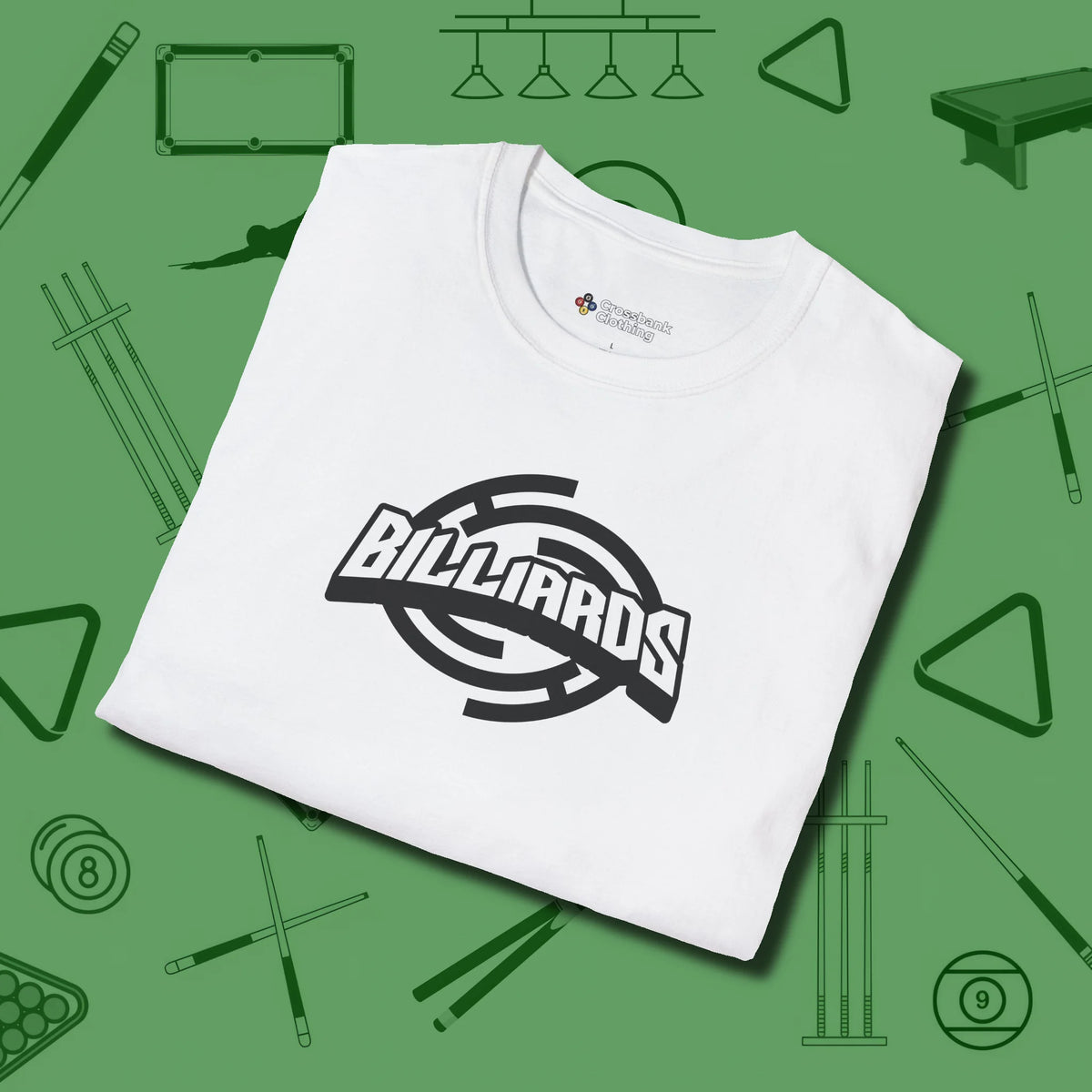 Billiards Emblem T-Shirt, folded view, in White as serious as your stroke