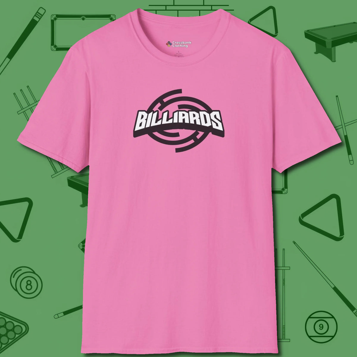 Billiards Emblem T-Shirt, front view, in Azalea from chalk to clutch, look the part
