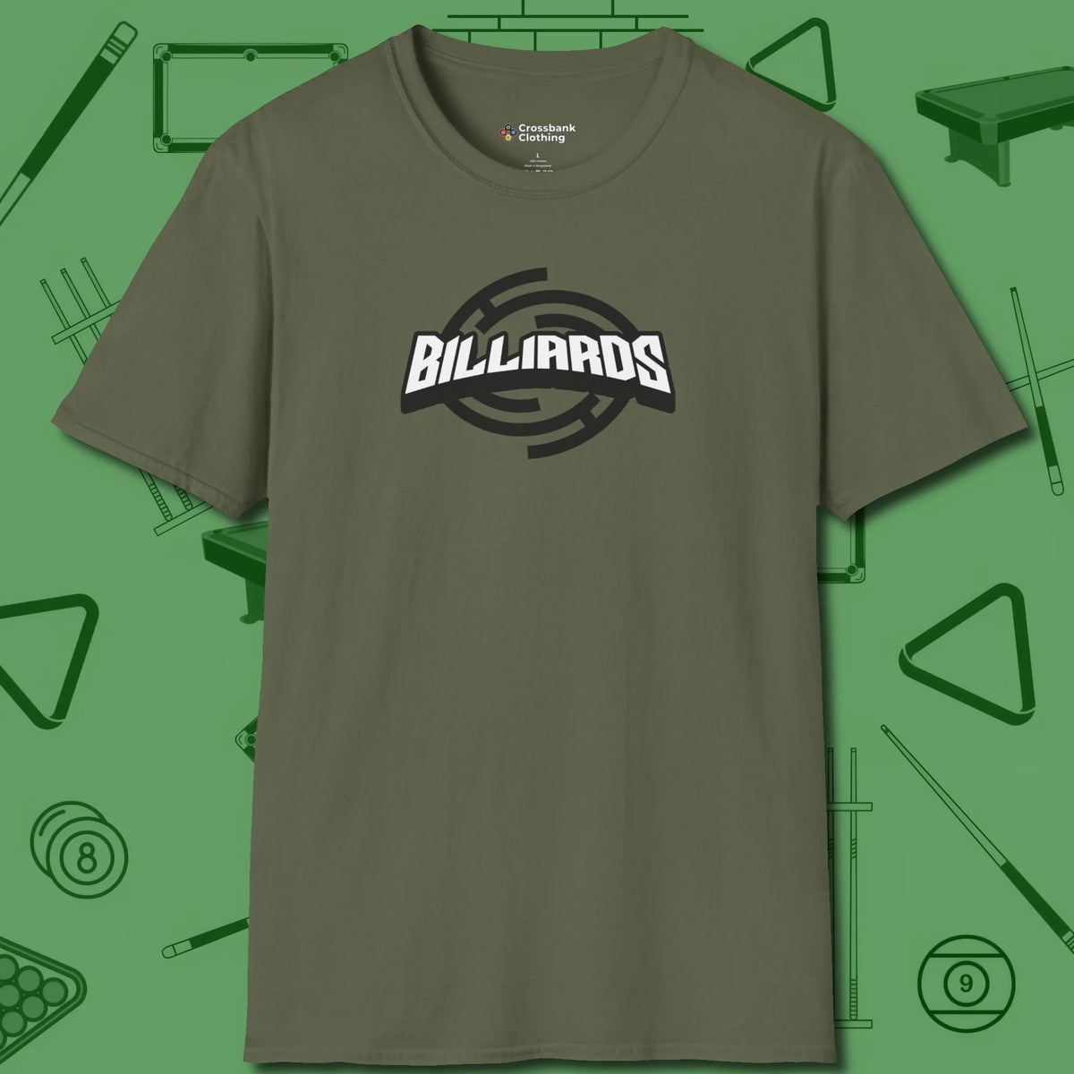 Billiards Emblem T-Shirt, front view, in Military Green play in style, win in silence