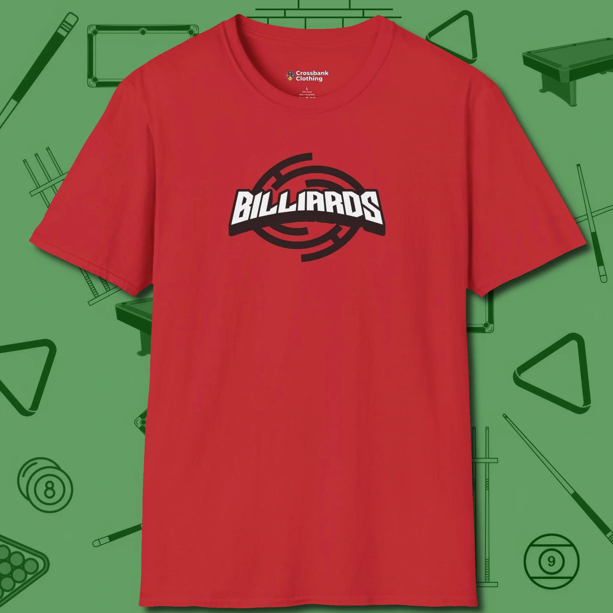 Billiards Emblem T-Shirt, front view, in Red cool under pressure, hot on the eyes