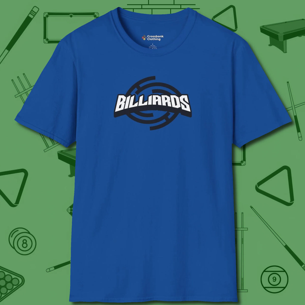 Billiards Emblem T-Shirt, front view, in Royal not your average 8-ball graphic tee