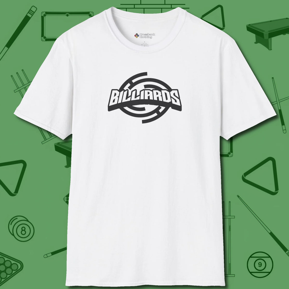 Billiards Emblem T-Shirt, front view, in White fashion with break-and-run energy