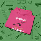 Billiards Makes Me Happy Hoodie, folded view, in Heliconia what champions wear between racks