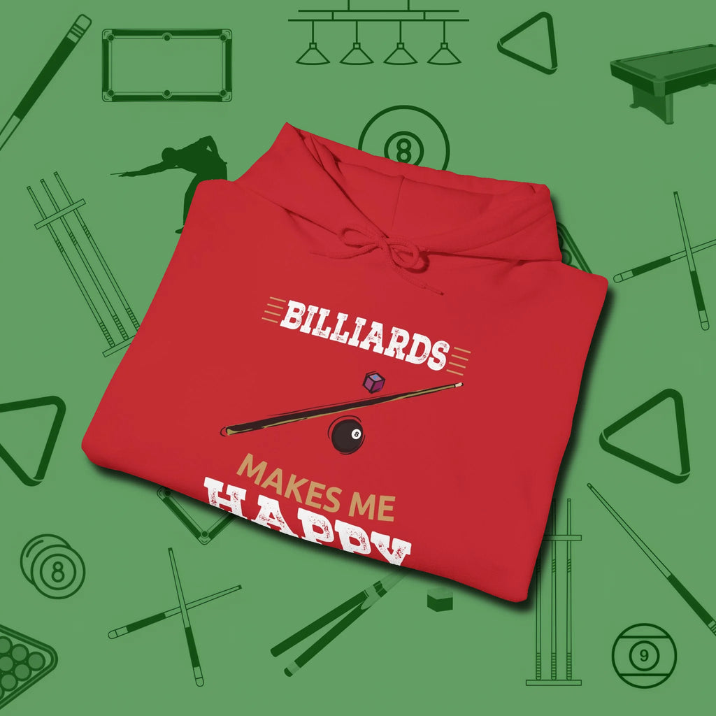 Billiards Makes Me Happy Hoodie, folded view, in Red made for pool sharks, not posers