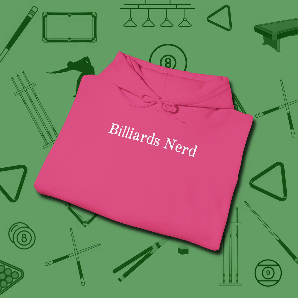 Billiards Nerd Hoodie, folded view, in Heliconia for shooters who dress like they play: sharp