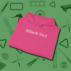 Billiards Nerd Hoodie, folded view, in Heliconia for shooters who dress like they play: sharp