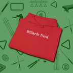 Billiards Nerd Hoodie, folded view, in Red play in style, win in silence