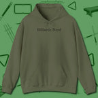 Billiards Nerd Hoodie, front view, in Military Green cool under pressure, hot on the eyes